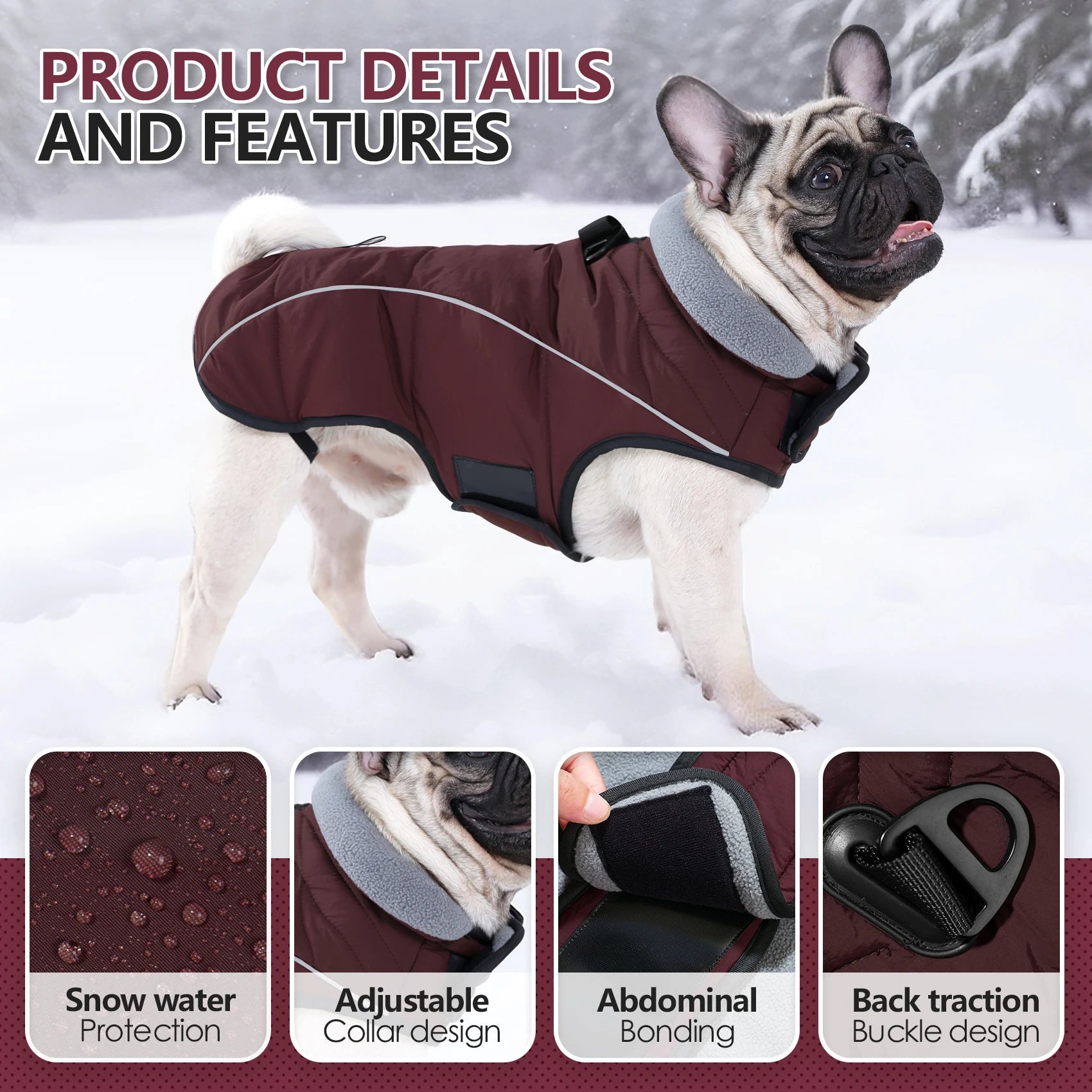 Dog Coat, Waterproof Winter Jacket,Warm Windproof Jacket, Reflective Adjustable Turtleneck Coats for Dogs with Hook & Loop