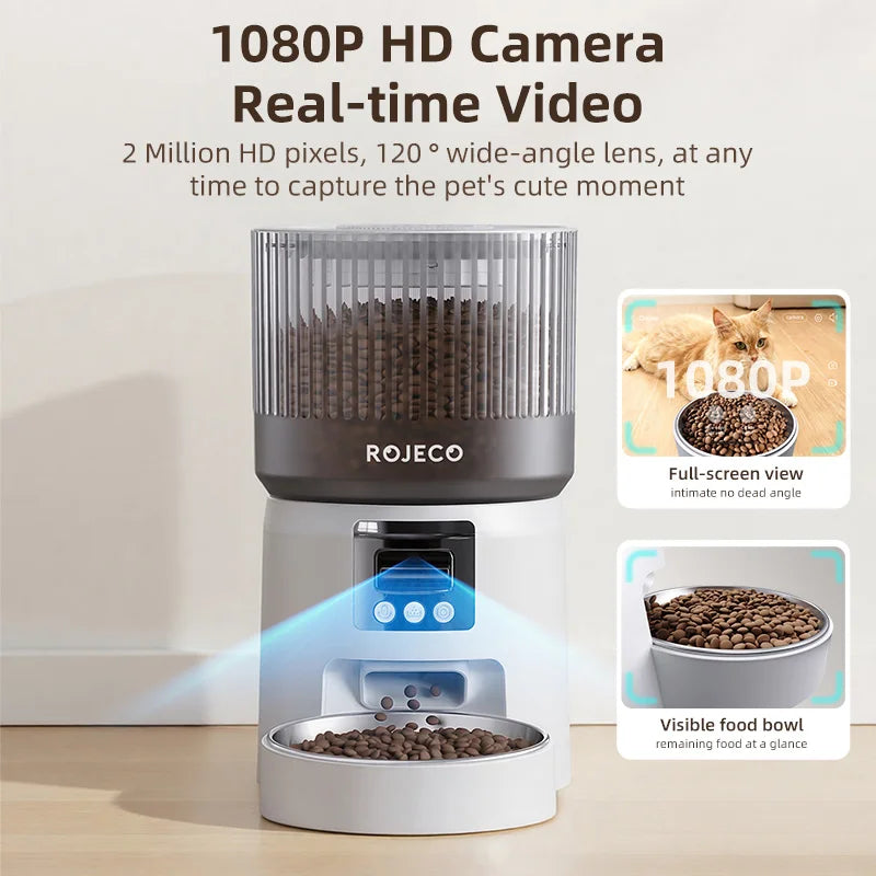 ROJECO Automatic Cat Feeder With 1080P HD Camera Video Smart Cat Food Dispenser WIFI Remote Control Auto Pet Feeder For Cat Dog
