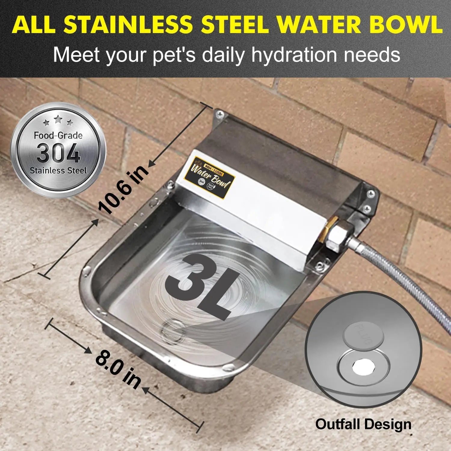 Automatic Water Dispenser for Dogs, Patented 3L Outdoor Dog Drinking Water Bowl, Stainless Steel Waterer Feeder Suitable for