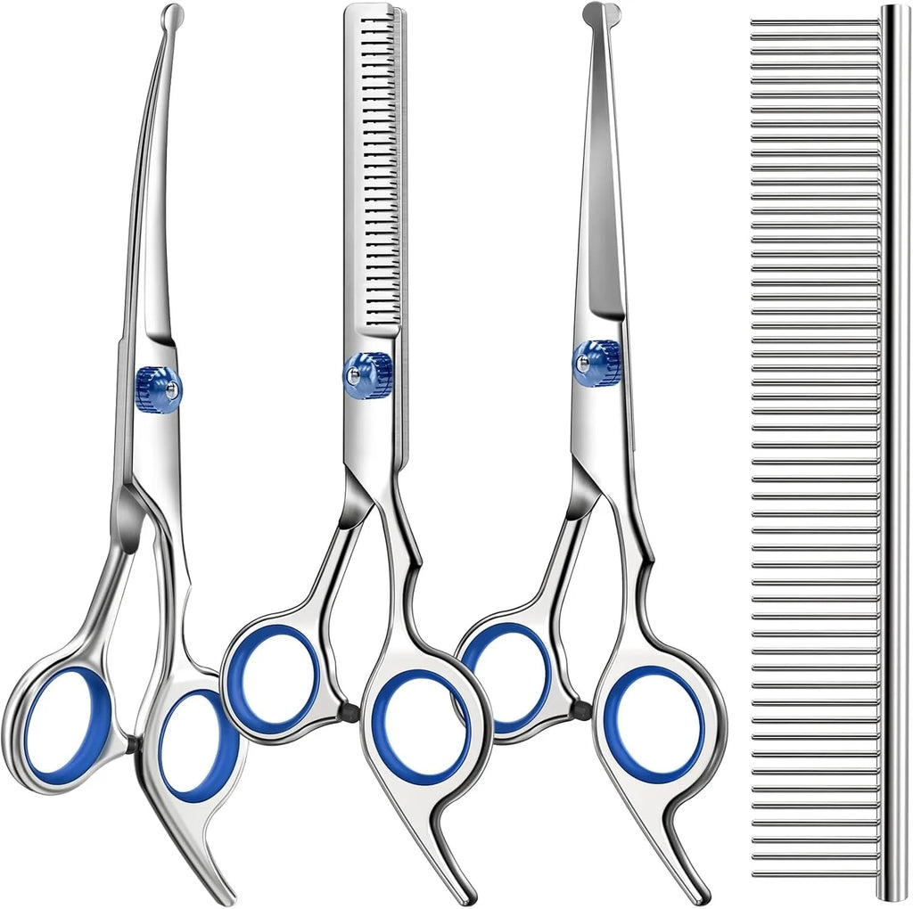 Professional 4 in 1 Dog & Cat Grooming scissors Includes Straight Curved Thinning Scissors and Comb - Premium Pet Supplies