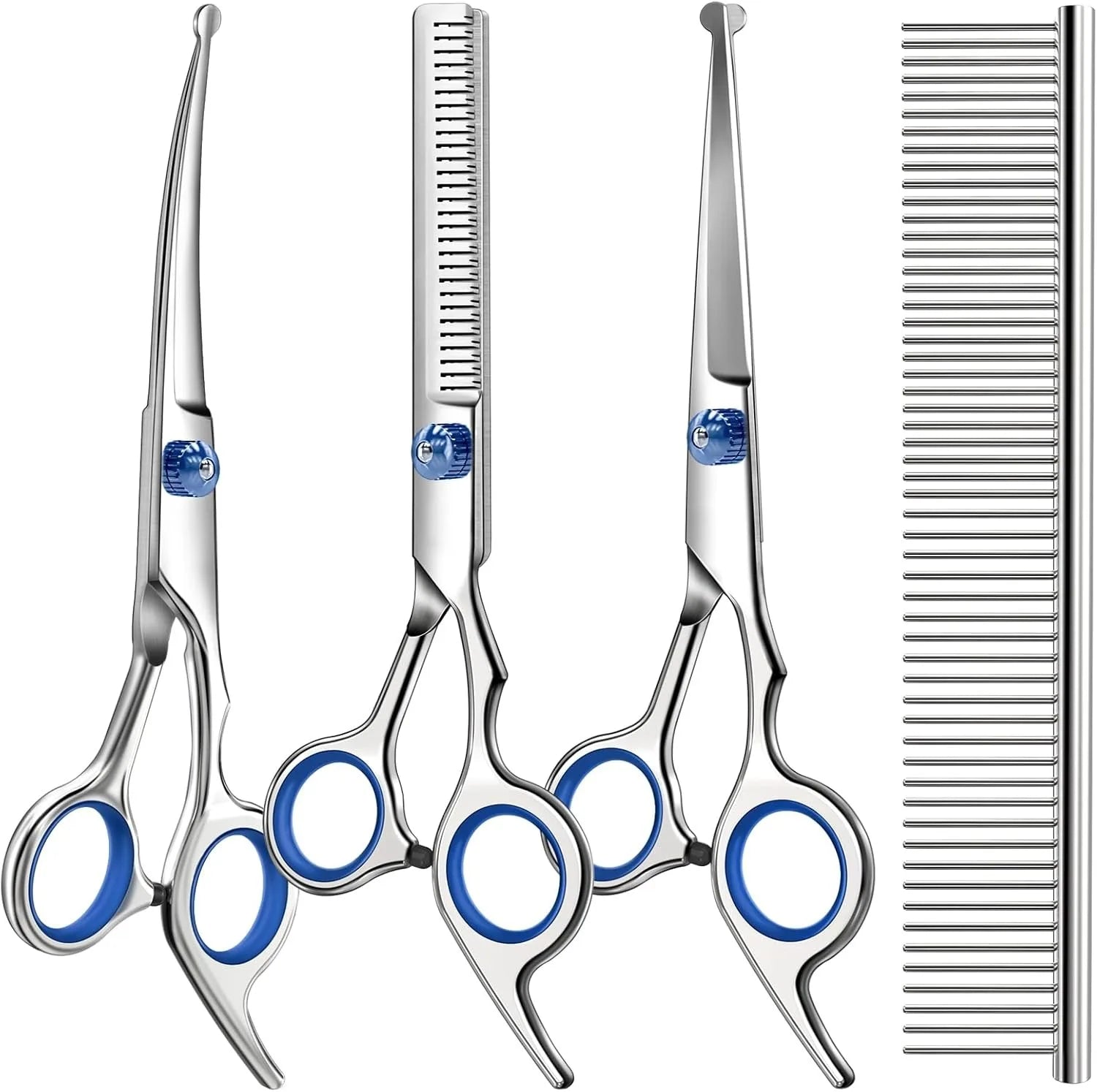 Professional 4 in 1 Dog & Cat Grooming scissors Includes Straight Curved Thinning Scissors and Comb - Premium Pet Supplies
