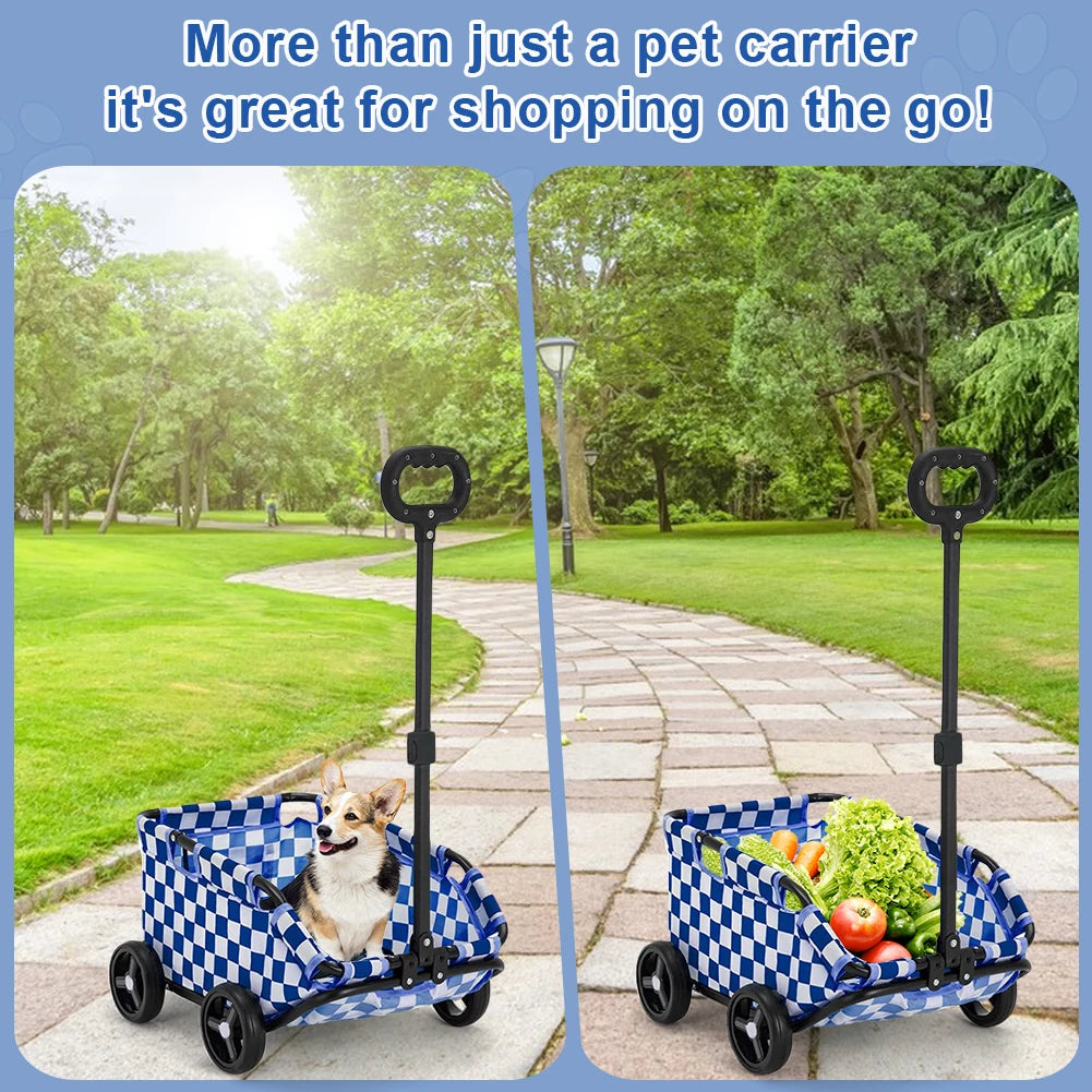 Folding Travel Pet Cart 4 Wheels Rolling Cat Carrier Pet Carriage Lightweight Folding Trolley for Travelling Shopping Walking