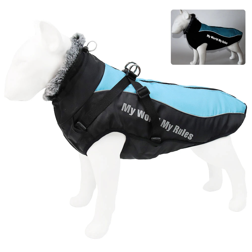 Waterproof Large Dog Clothes Winter Dog Coat With Harness Furry Collar Warm Pet Clothing Big Dog Jacket Labrador Bulldog Costume