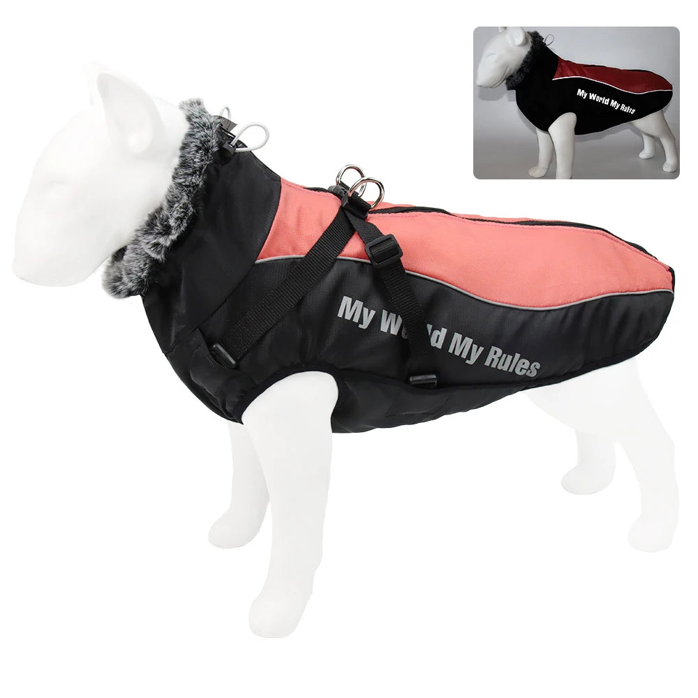 Waterproof Large Dog Clothes Winter Dog Coat With Harness Furry Collar Warm Pet Clothing Big Dog Jacket Labrador Bulldog Costume