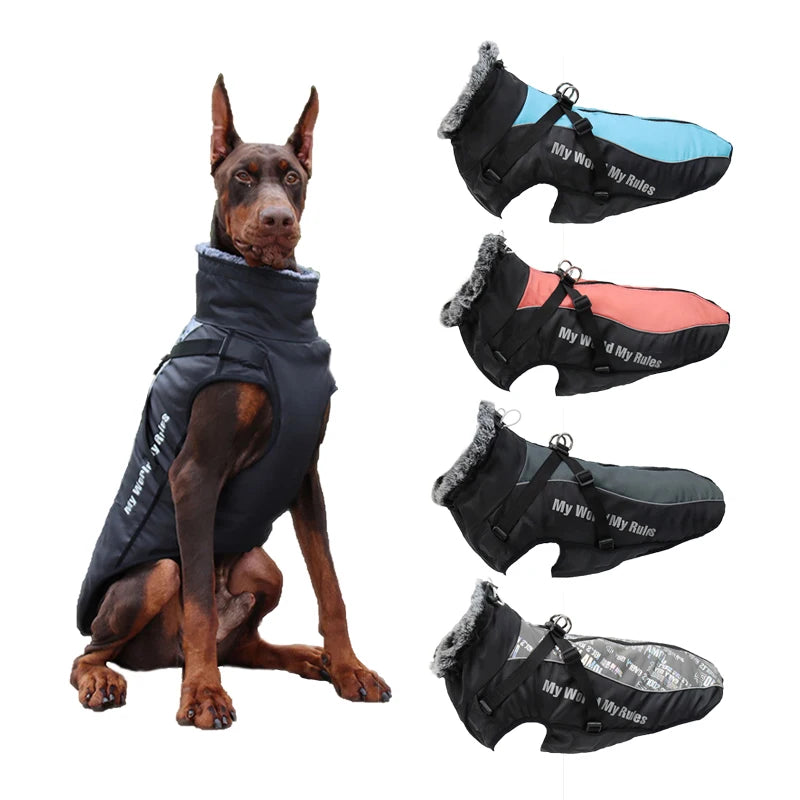 Waterproof Large Dog Clothes Winter Dog Coat With Harness Furry Collar Warm Pet Clothing Big Dog Jacket Labrador Bulldog Costume