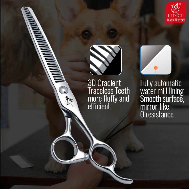 Fenice 7.0 Inch VG10 Steel 3D Gradient Traceless Teeth Pet Curved/Straight Chunker Scissors Bearing Screws Pet Grooming Shears