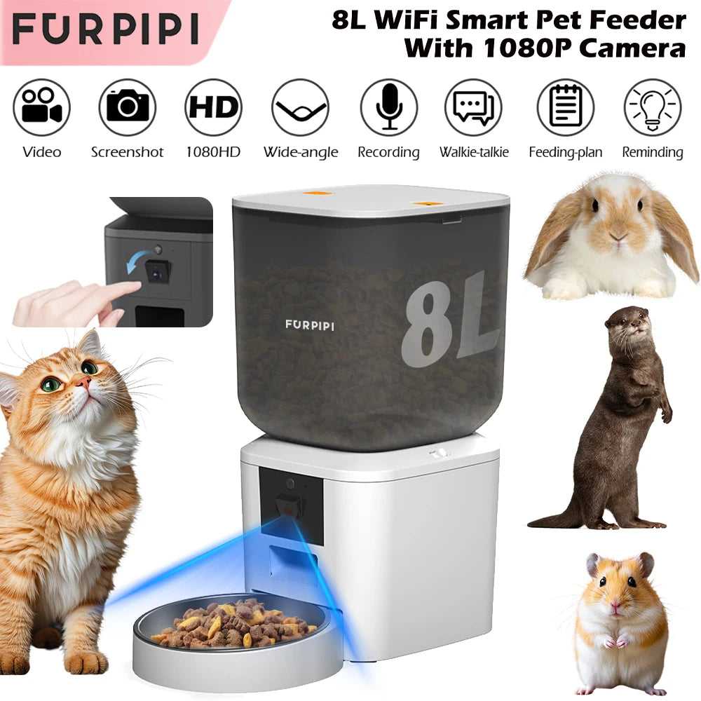 Furpipi Automatic Cat Feeder With 1080p Camera WiFi 8L Easy-clean Smartlife Tuya APP Remote Control Pet Dog Cat Kibble Dispenser