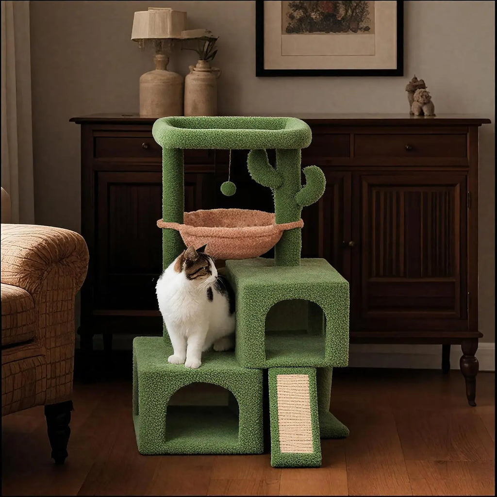 37.4' Cactus Cat Tree Tower with Twin Cat Condos for Indoor Cats, All-in-One Activity Center with Cat Scratching Post Cozy
