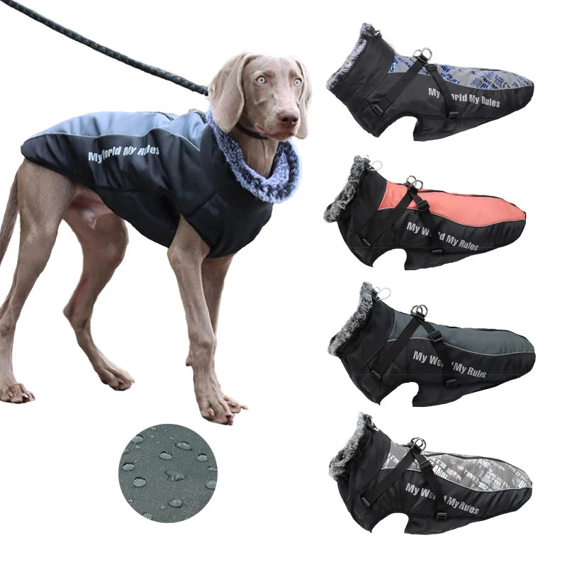 Waterproof Large Dog Clothes Winter Dog Coat With Harness Furry Collar Warm Pet Clothing Big Dog Jacket Labrador Bulldog Costume