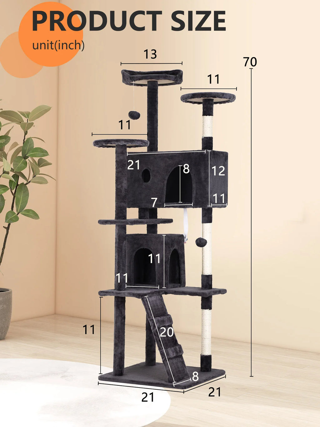 Cat Tree 54/70 Inch Cat Tower Cat Condo with Sisal-Covered Scratching Posts Dangling Ball for Cats to Play and Sleep