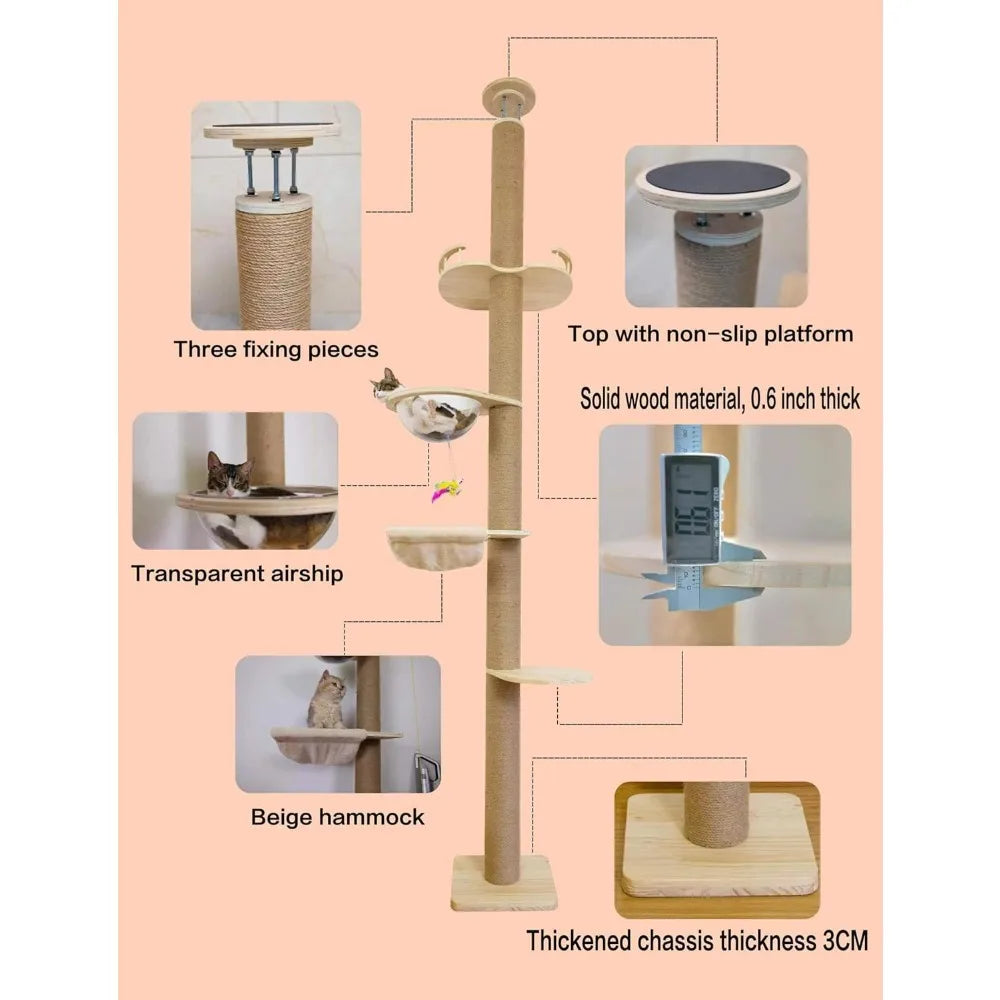 Height: 55.52-118.5 Inches Castle for Cats Scratcher Cat Tree Floor to Ceiling Natural Sisal Rope Scratching Post All Towers Pet