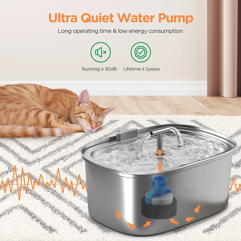 3.2L/108oz Automatic Cat Water Fountain Stainless Steel Square Dual Outlet Pet Water Feeder Cats Dogs Silent Water Dispenser