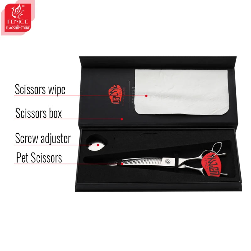 Fenice 7.0 Inch VG10 Steel 3D Gradient Traceless Teeth Pet Curved/Straight Chunker Scissors Bearing Screws Pet Grooming Shears