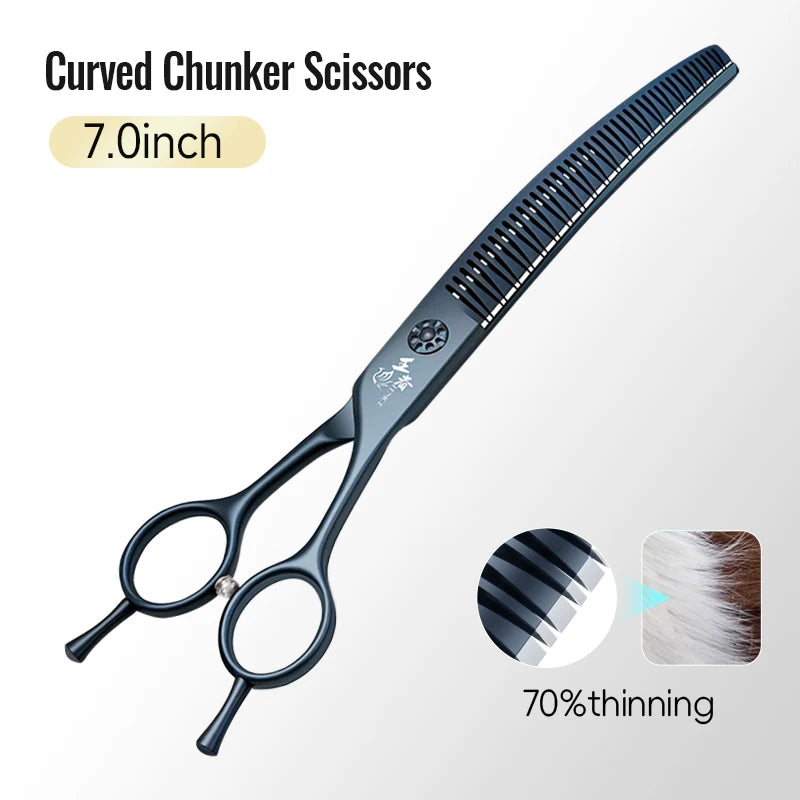 Fenice 7.0 Inch VG10 Steel 3D Gradient Traceless Teeth Pet Curved/Straight Chunker Scissors Bearing Screws Pet Grooming Shears