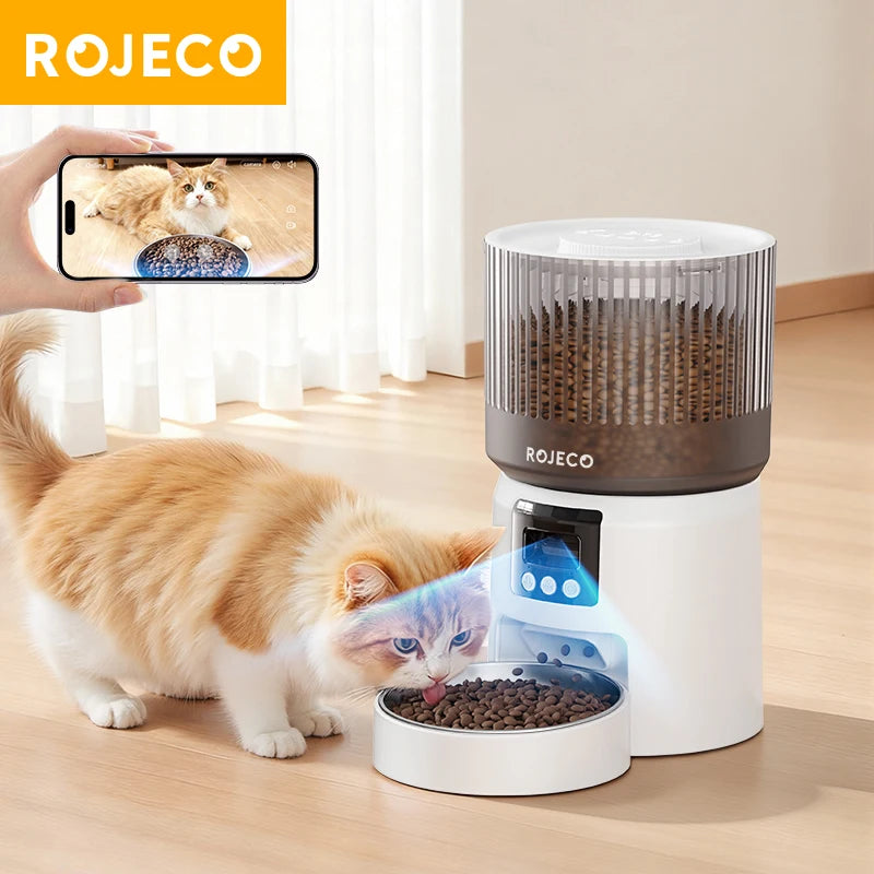 ROJECO Automatic Cat Feeder With 1080P HD Camera Video Smart Cat Food Dispenser WIFI Remote Control Auto Pet Feeder For Cat Dog
