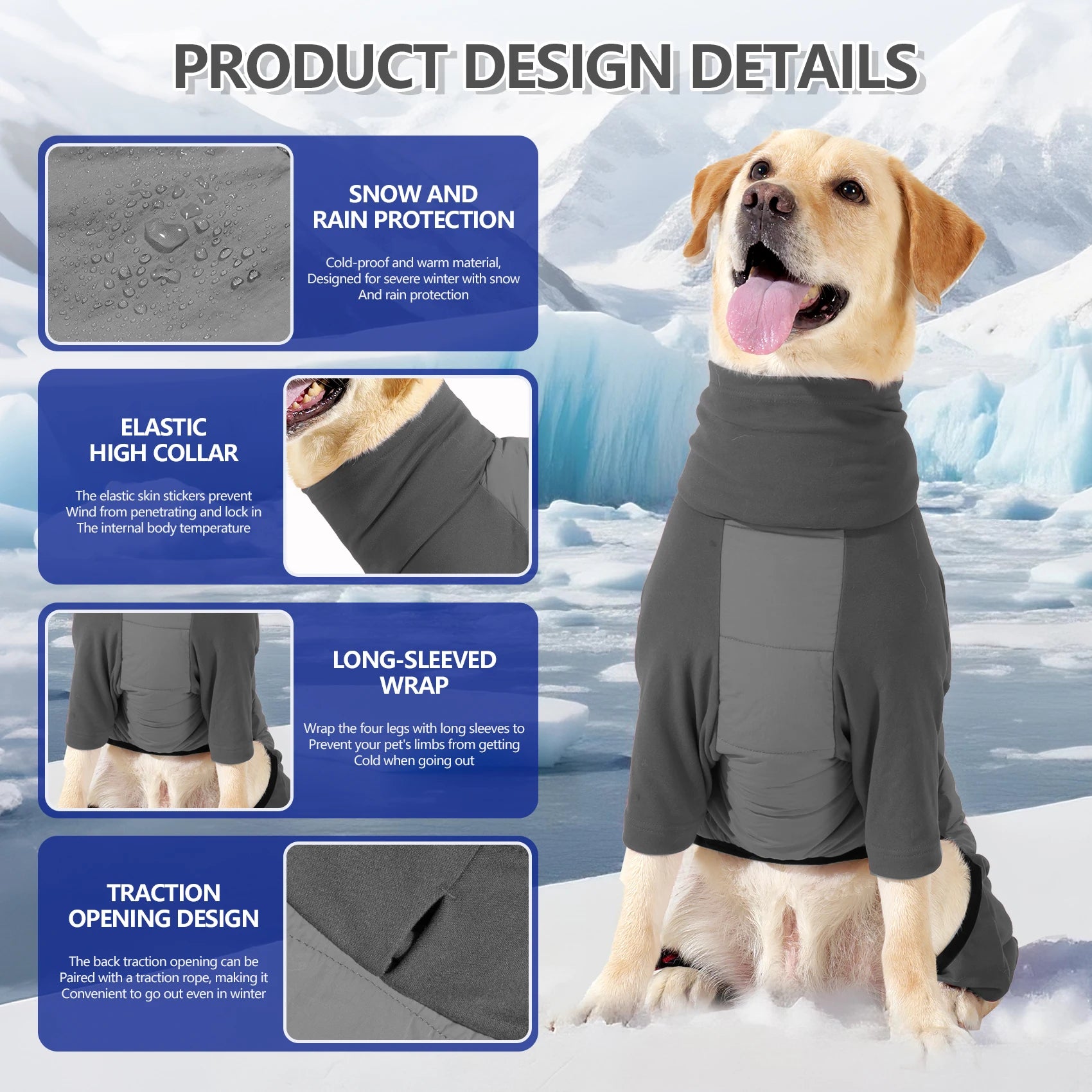 Fullbody Dog Coat, Turtleneck Windproof Dogs Winter Coat with Leash Hole for Large Medium Small Dogs,Four-Legged Snowsuit