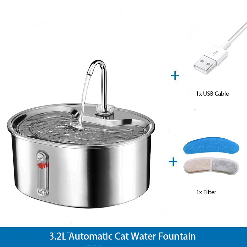 3.2L Stainless Steel Pet Water Feeder Automatic Cat Water Fountain with Sensor for Cat Dog Filter Fountain Smart Drinking Bowl