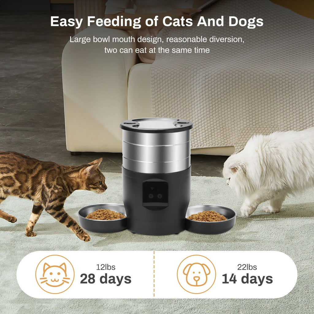 4.5L Automatic Cat Feeder With WiFi Button Smart Pet Cat/Dogs Food Dispenser Two Stainless Steel Bowls Feeder Pet Supplies