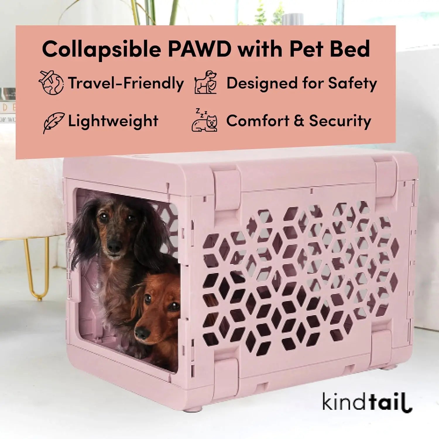 PAWD Collapsible Dog Crate with Washable Bed - Lightweight Portable Kennel for Small Dogs - White
