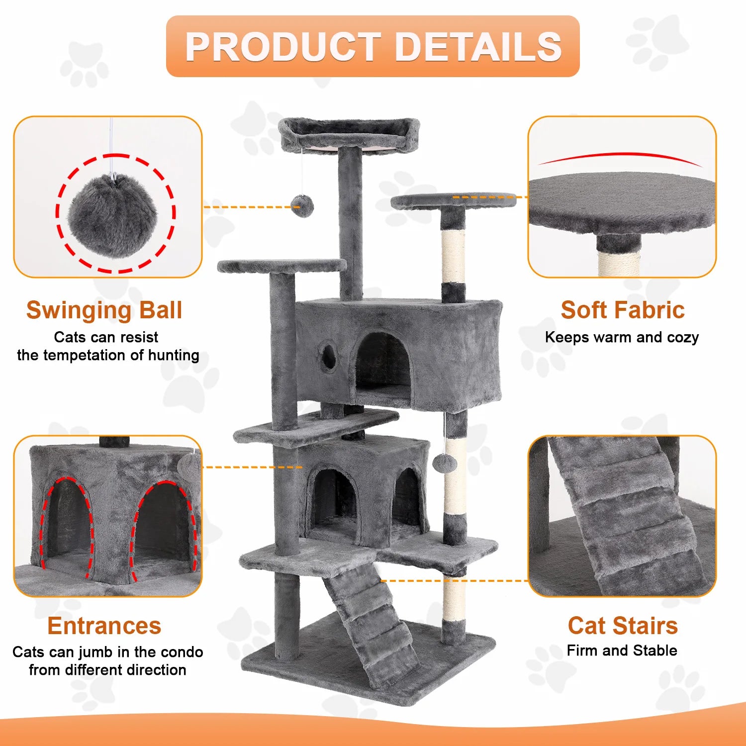 Cat Tree 54/70 Inch Cat Tower Cat Condo with Sisal-Covered Scratching Posts Dangling Ball for Cats to Play and Sleep