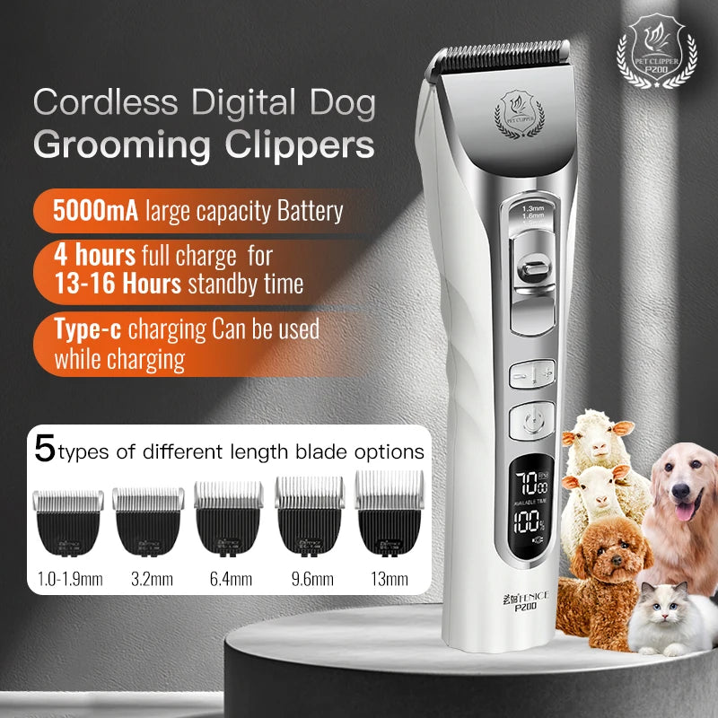 Fenice New Upgrade 5000mA Capacity Cordless LCD Screen Pets Dog Grooming Clippers Rechargeable Haircut Shaver for Trimming Salon