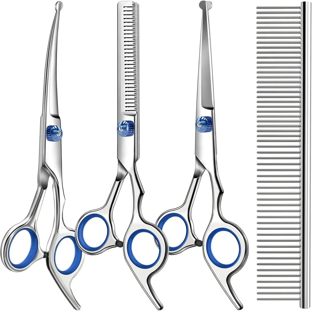 Professional 4 in 1 Dog & Cat Grooming scissors Includes Straight Curved Thinning Scissors and Comb - Premium Pet Supplies
