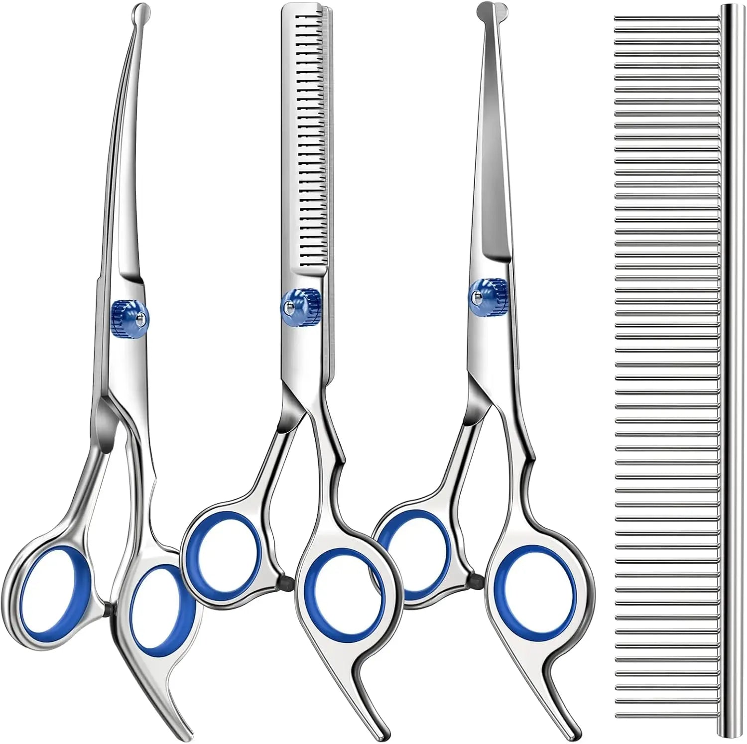 Professional 4 in 1 Dog & Cat Grooming scissors Includes Straight Curved Thinning Scissors and Comb - Premium Pet Supplies