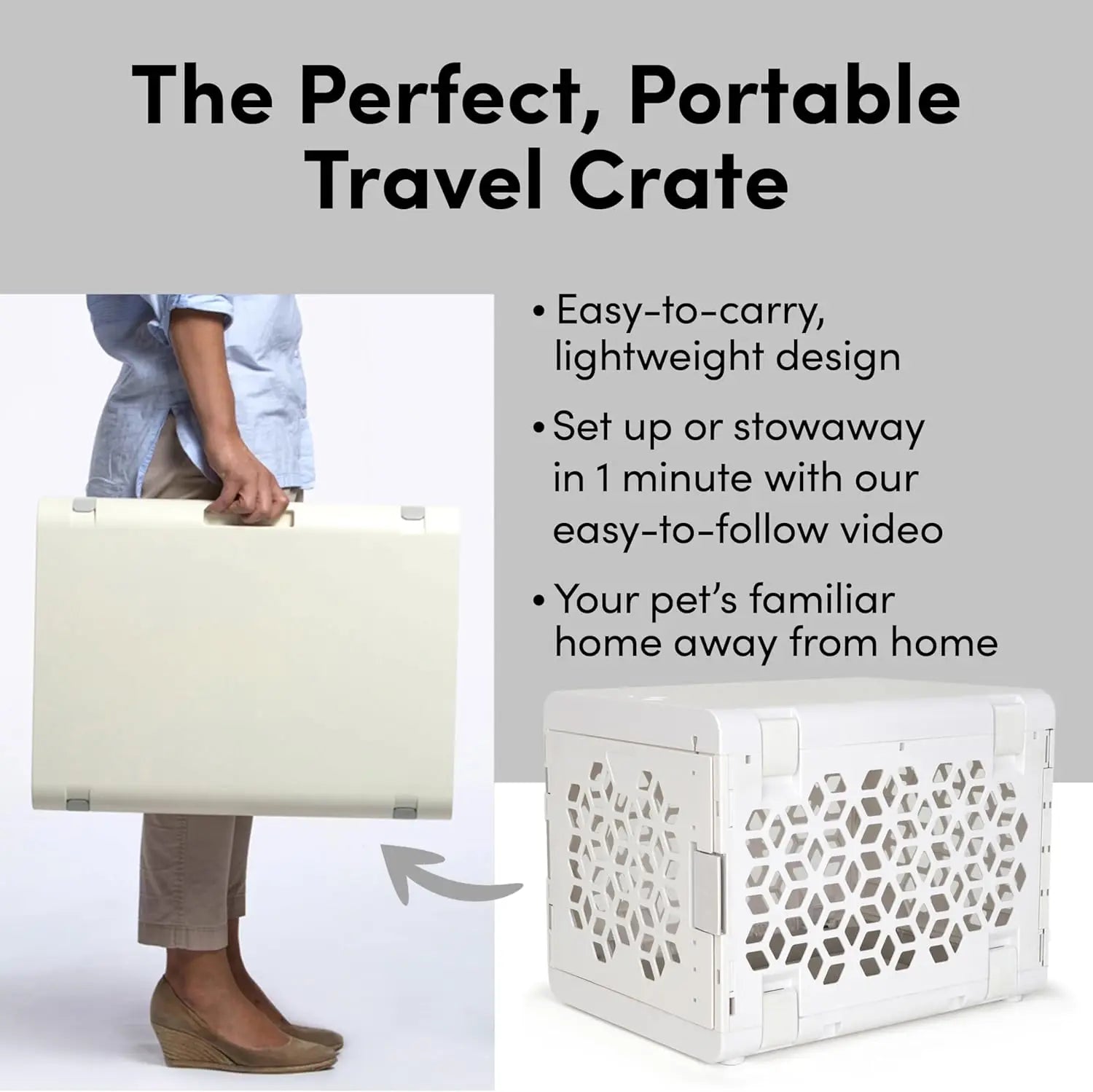 PAWD Collapsible Dog Crate with Washable Bed - Lightweight Portable Kennel for Small Dogs - White