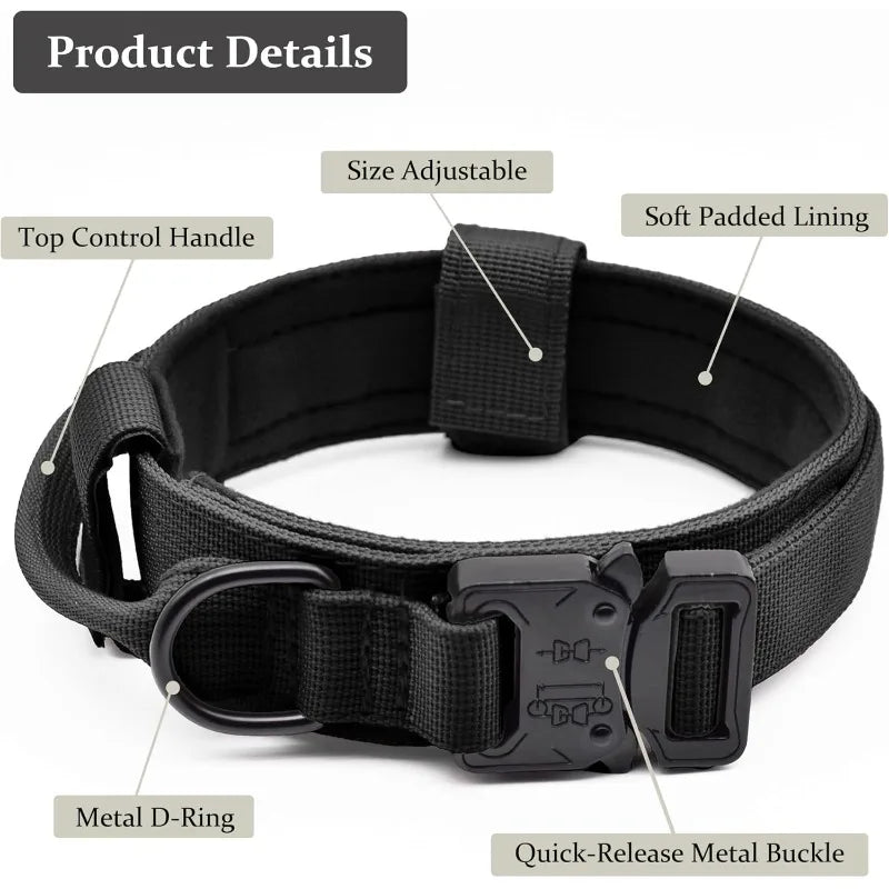 Tactical Dog Collar Adjustable Military Training Nylon Dog Collar with Control Handle Heavy Quick-Release Metal Buckle for Dogs