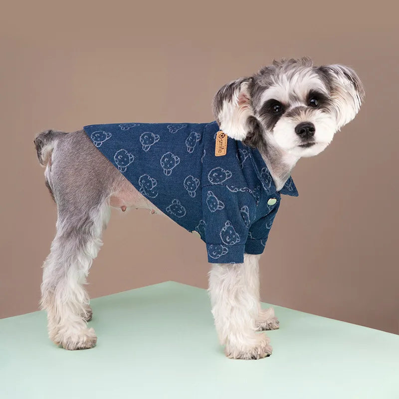Autumn Winter Warm Dog Denim Shirt Fashion Dog Clothes Bear Print Dog Jean Vest Chihuahua Bichon Pet Clothing Puppy Costume