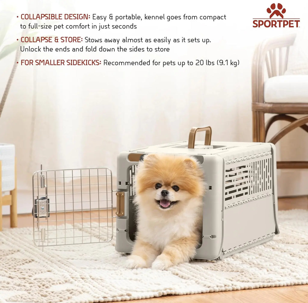 Collapsible Hard-Sided Pet Carrier, Tan, for Small Dogs & Cats Up to 20lbs, 19.6'L x 13.5'W x 12'H