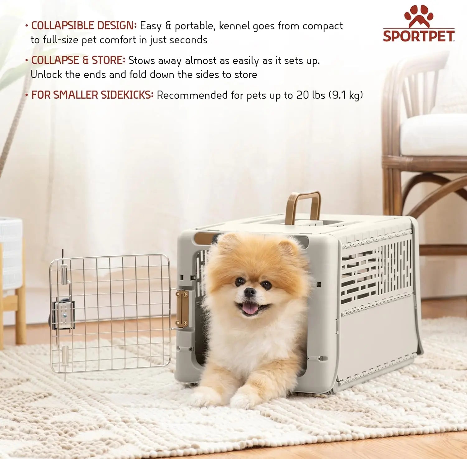 Collapsible Hard-Sided Pet Carrier, Tan, for Small Dogs & Cats Up to 20lbs, 19.6'L x 13.5'W x 12'H