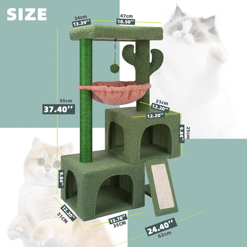 37.4' Cactus Cat Tree Tower with Twin Cat Condos for Indoor Cats, All-in-One Activity Center with Cat Scratching Post Cozy