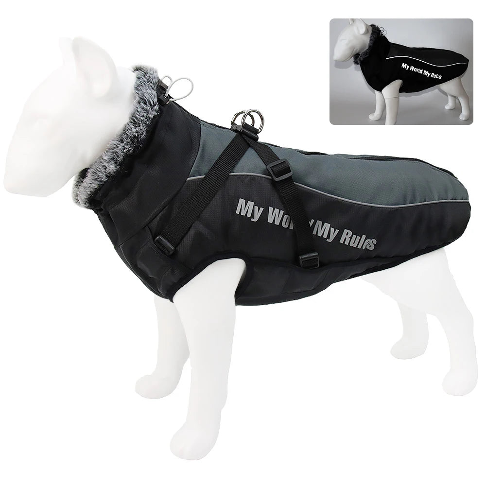 Waterproof Large Dog Clothes Winter Dog Coat With Harness Furry Collar Warm Pet Clothing Big Dog Jacket Labrador Bulldog Costume
