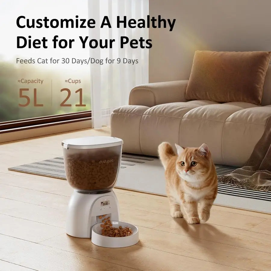 5L 21 Cup Automatic Cat Feeder, Timed Cat Dry Food Dispenser, Automatic Pet Feeders Dual Power Supply, 6 Meal Programmable 120