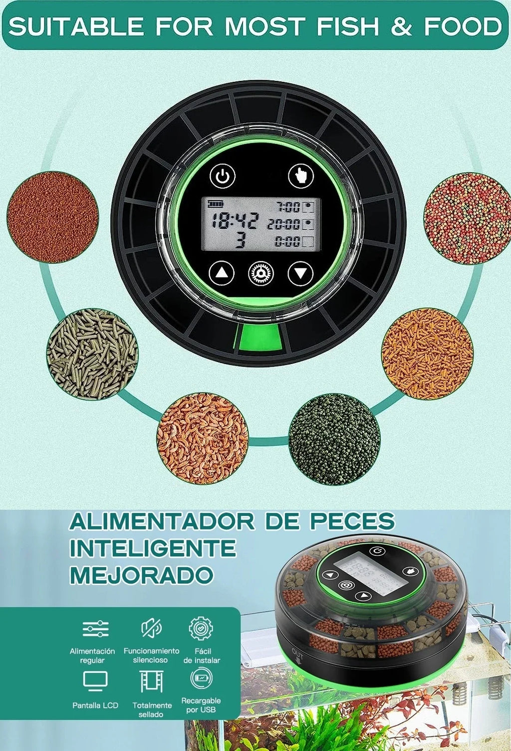 Automatic Fish Feeder for Aquarium, Automatic Food Dispenser with Timer, Rechargeable Timer Feeder, with USB Cable, LCD Display