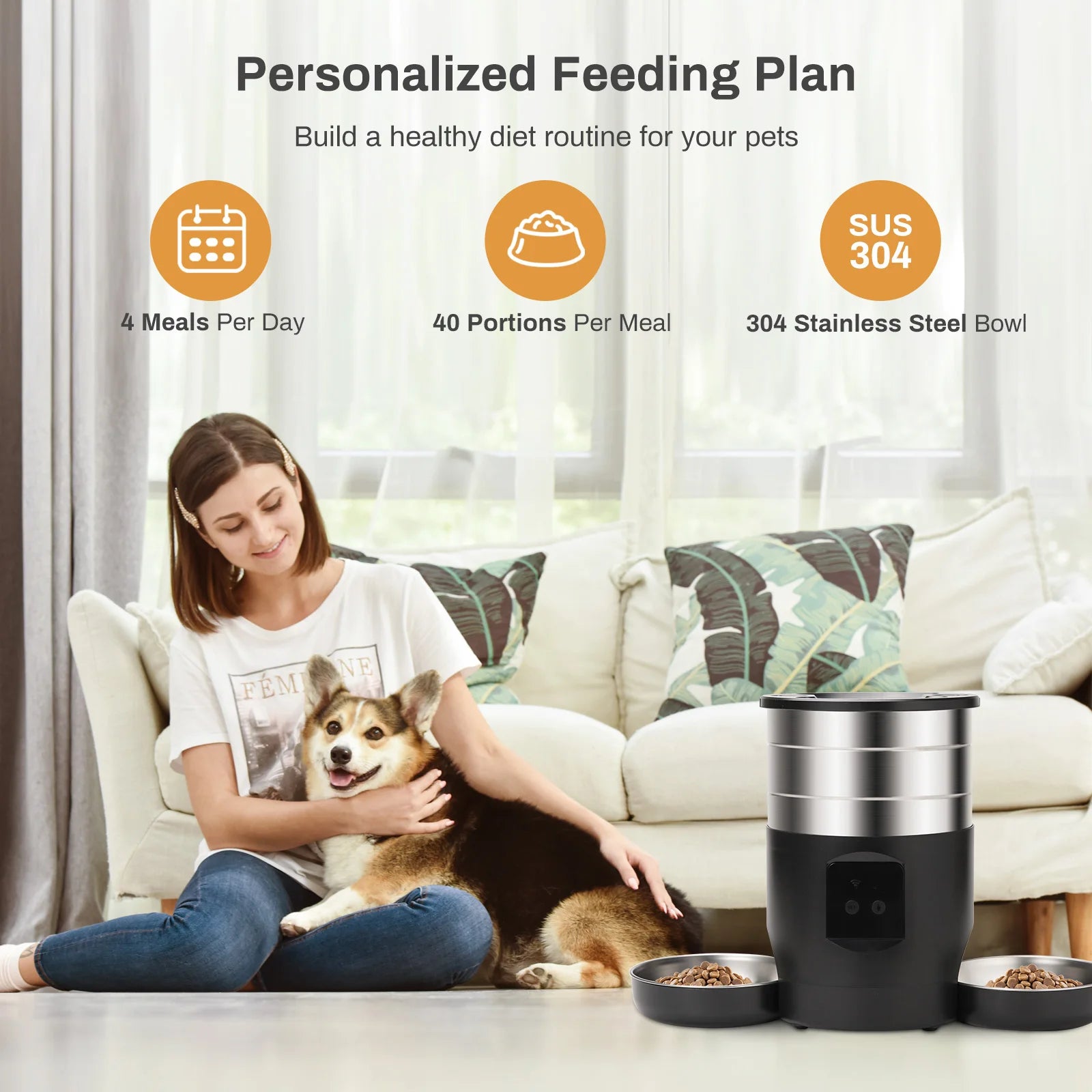 4.5L Automatic Cat Feeder With WiFi Button Smart Pet Cat/Dogs Food Dispenser Two Stainless Steel Bowls Feeder Pet Supplies
