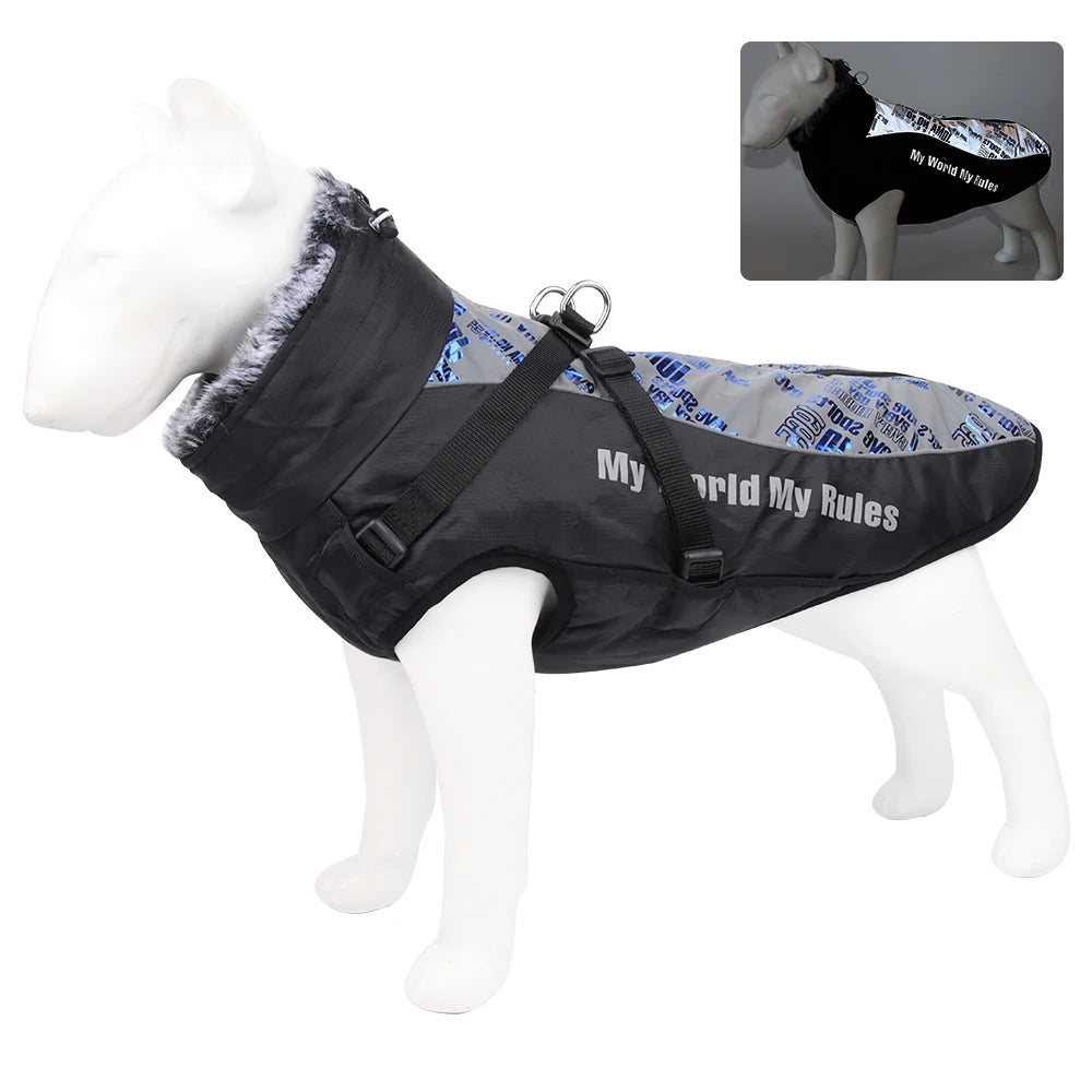 Waterproof Large Dog Clothes Winter Dog Coat With Harness Furry Collar Warm Pet Clothing Big Dog Jacket Labrador Bulldog Costume